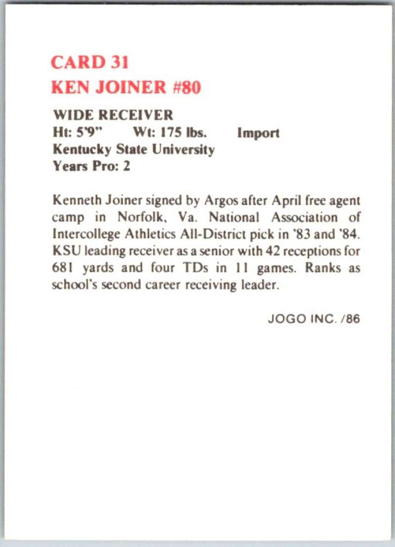 1986 Jogo CFL Football #31 Ken Joiner #80 V45037