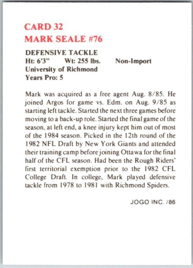 1986 Jogo CFL Football #32 Mark Seale #76 V45038