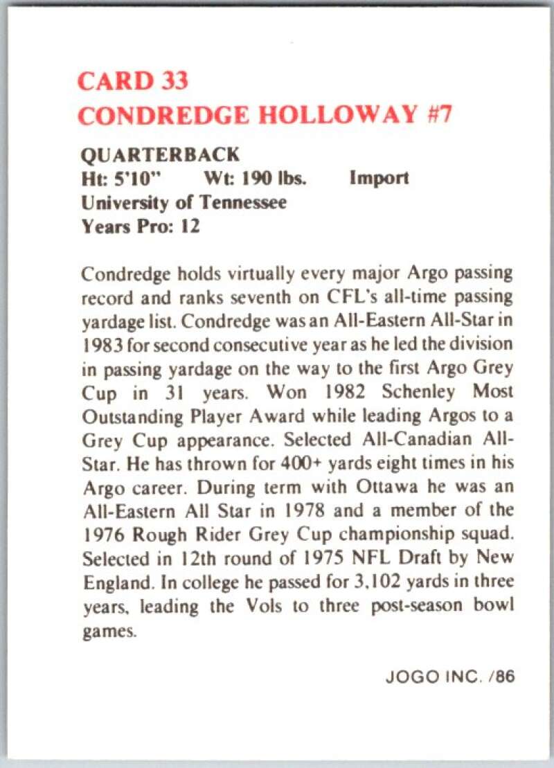 1986 Jogo CFL Football #33 Condredge Holloway #7 V45039
