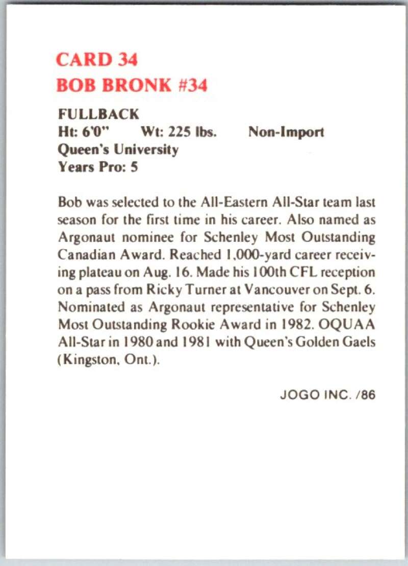 1986 Jogo CFL Football #34 Bob Bronk #34 V45040