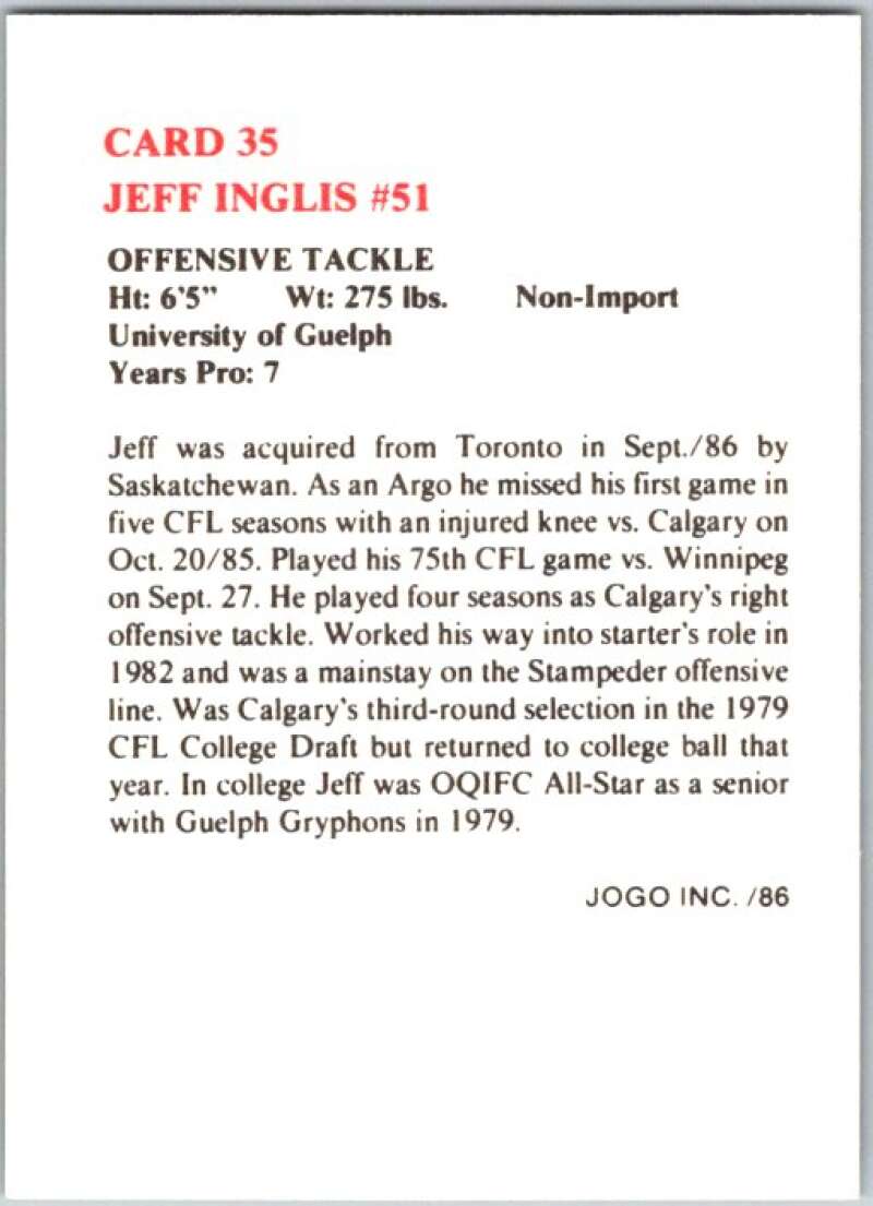 1986 Jogo CFL Football #35 Jeff Inglis #51 V45041