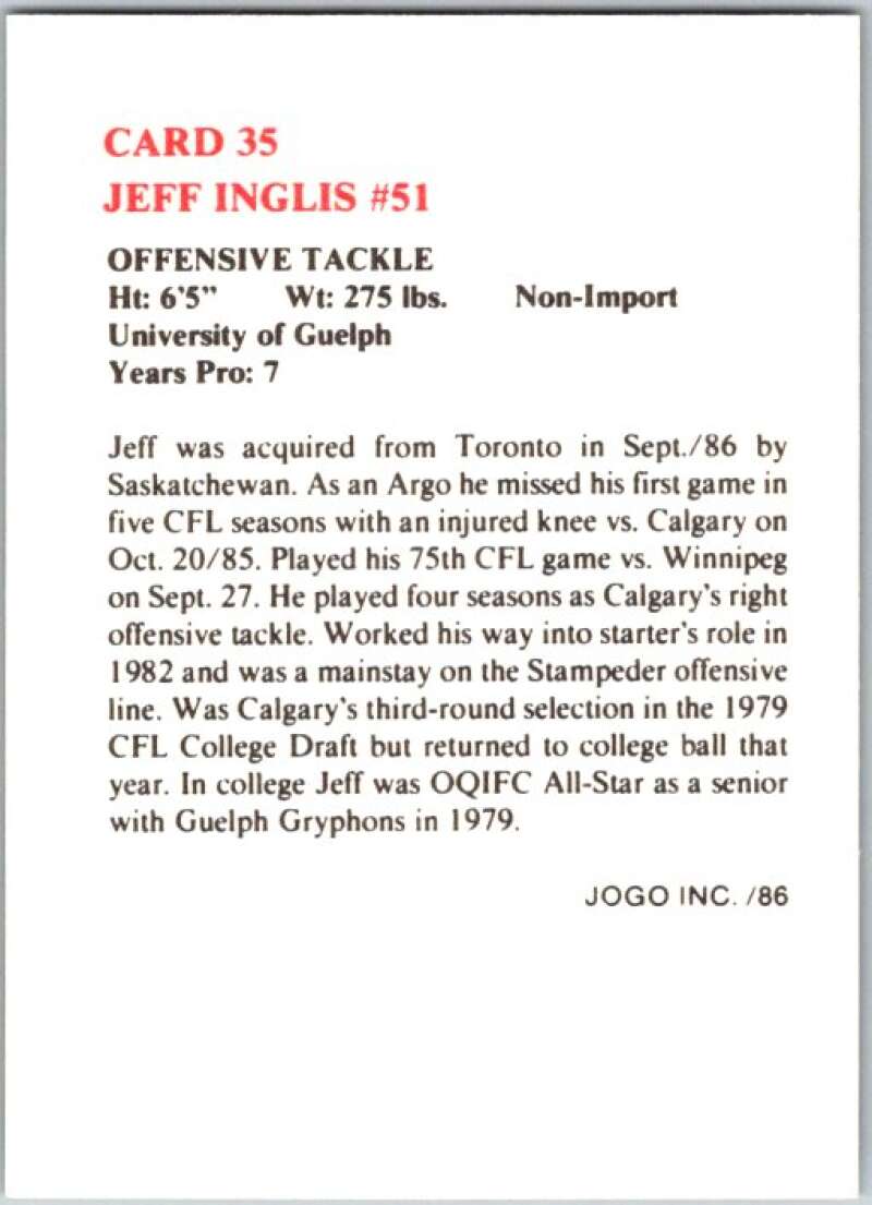 1986 Jogo CFL Football #35 Jeff Inglis #51  V45041