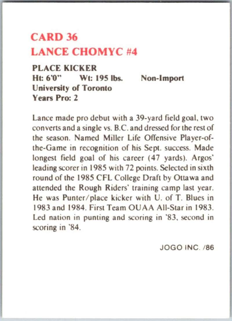1986 Jogo CFL Football #36 Lance Chomyc #4 V45042