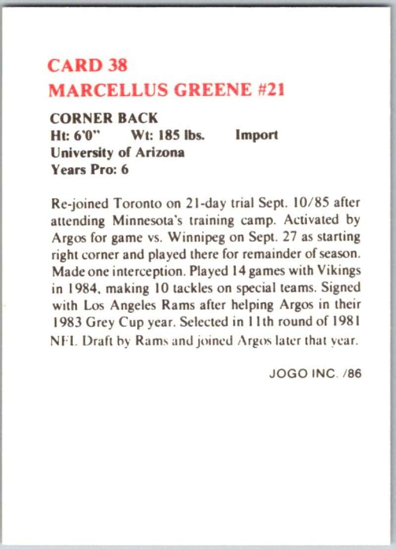 1986 Jogo CFL Football #38 Maracellus Greene #21 V45046