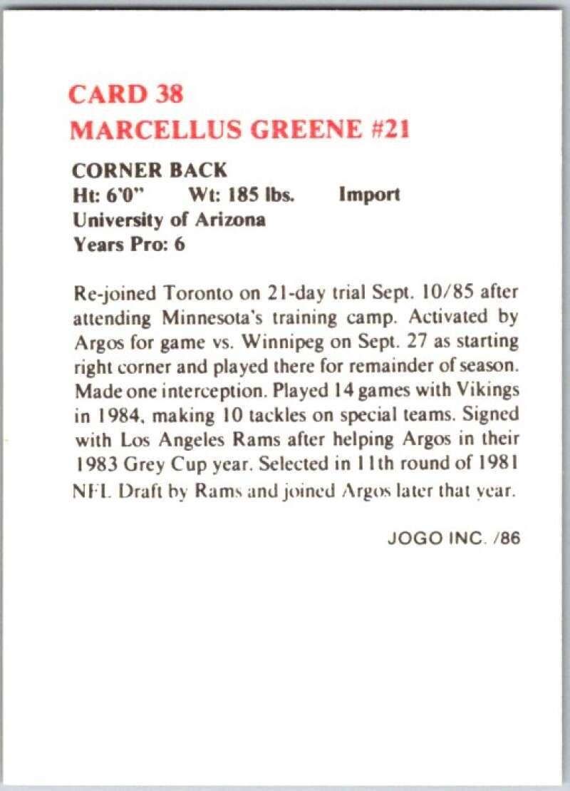 1986 Jogo CFL Football #38 Maracellus Greene #21  V45046
