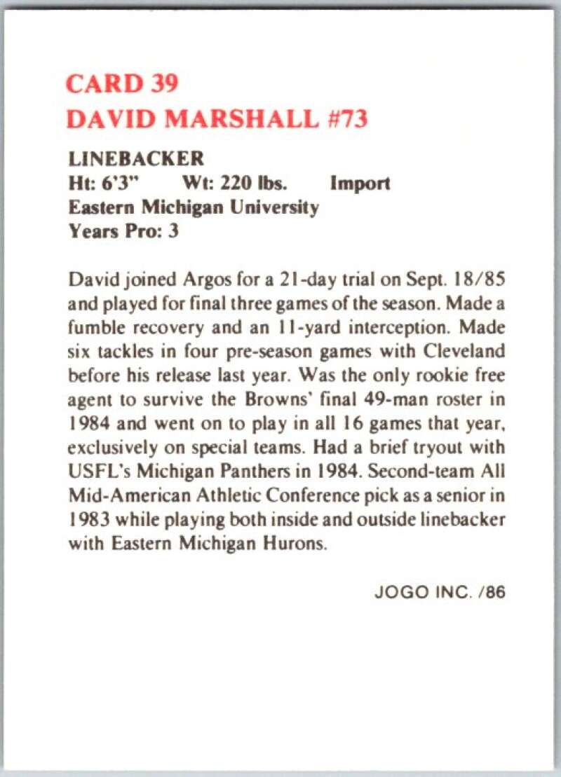 1986 Jogo CFL Football #39 David Marshall #73 V45047