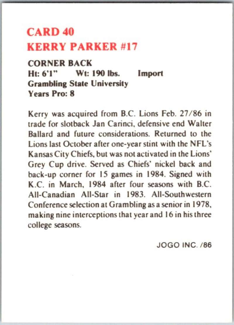 1986 Jogo CFL Football #40 Kerry Parker #17 V45048