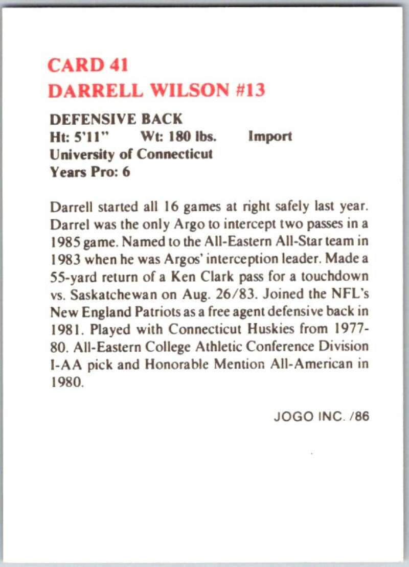 1986 Jogo CFL Football #41 Darrell Wilson #13 V45049
