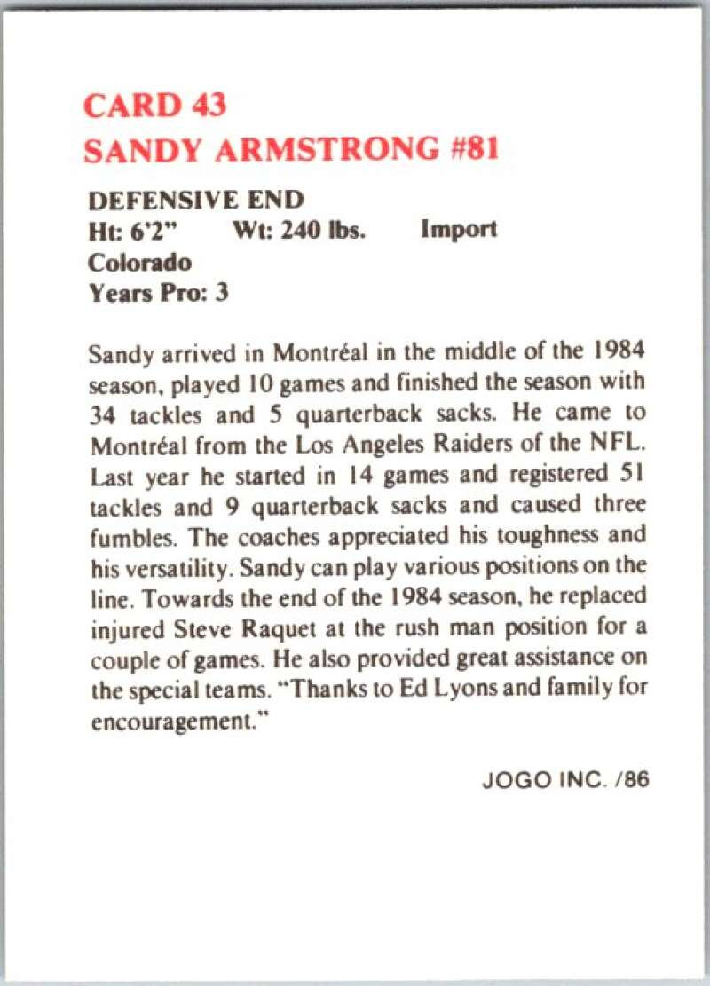 1986 Jogo CFL Football #43 Sandy Armstrong #81  V45051