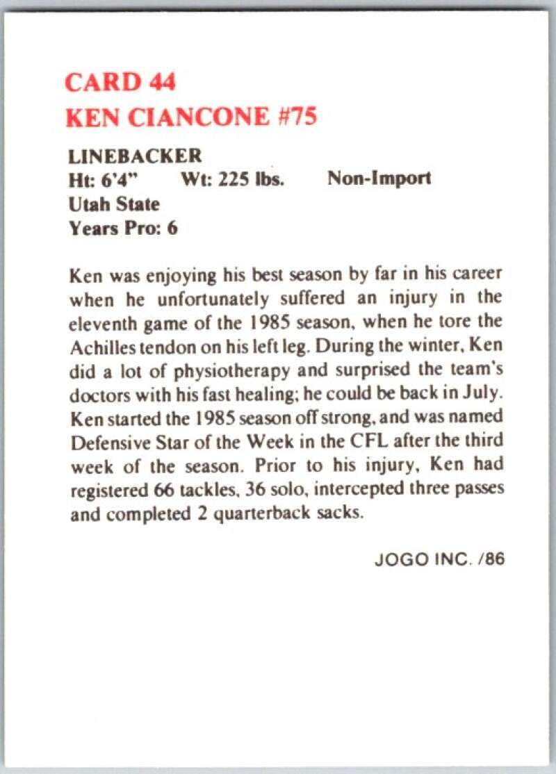 1986 Jogo CFL Football #44 Ken Ciancone #75  V45052