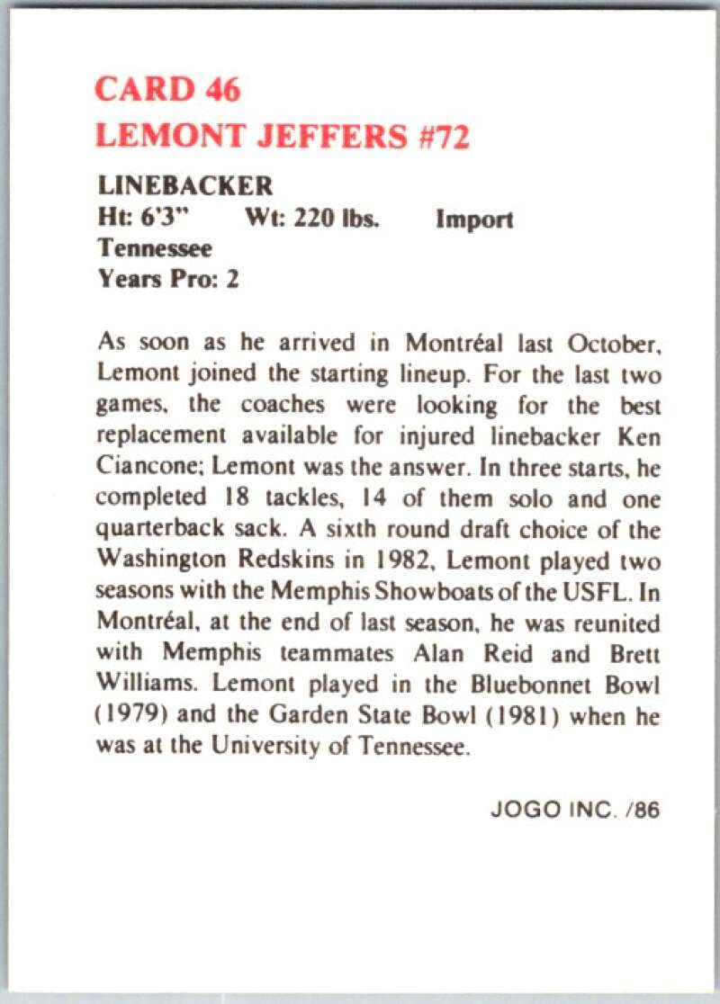 1986 Jogo CFL Football #46 Lemont Jeffers #72  V45054