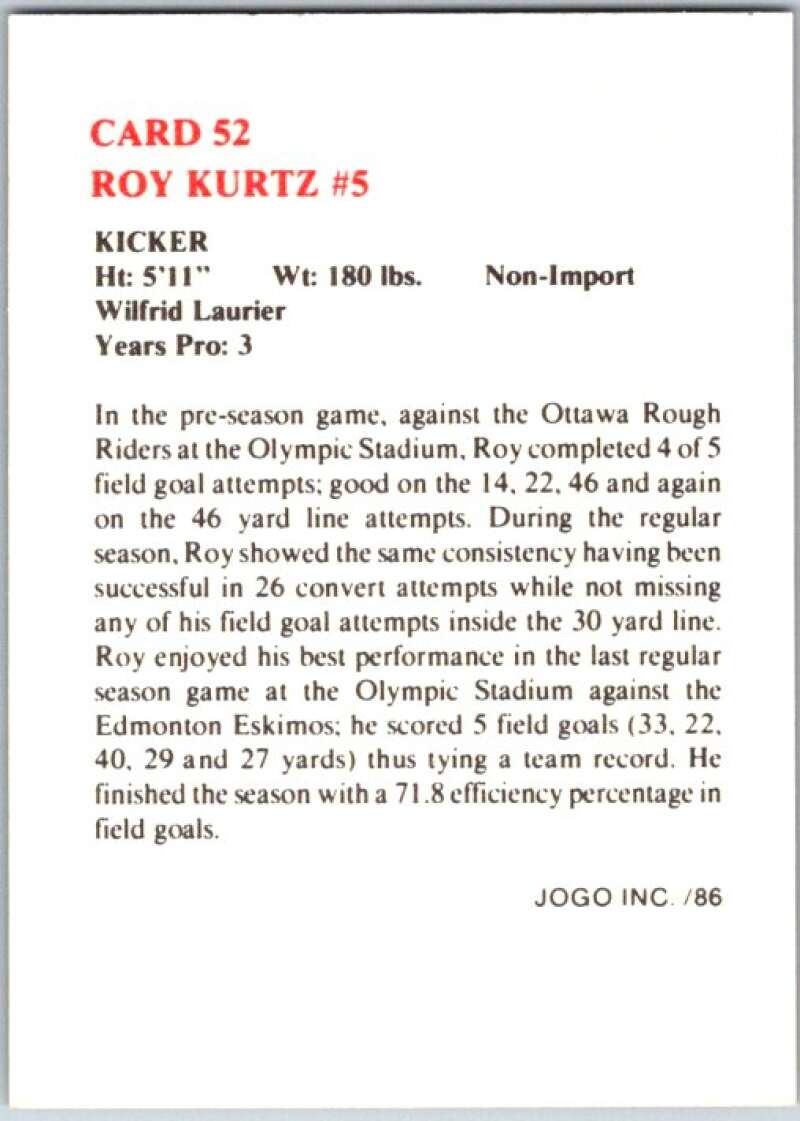 1986 Jogo CFL Football #52 Roy Kurtz #5 V45060
