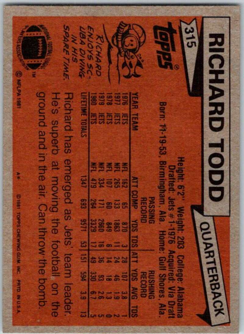 1981 Topps Football #315 Richard Todd New York Jets V45128