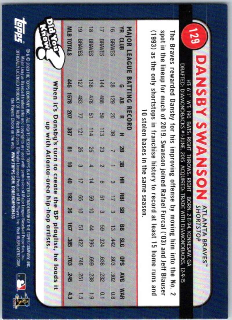 2020 Topps Big League #129 Dansby Swanson Atlanta Braves V45283
