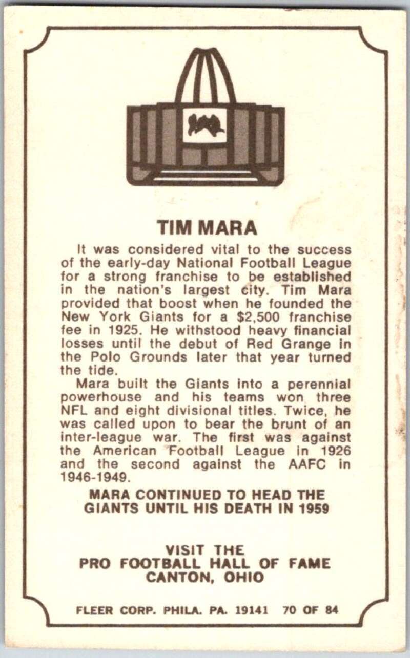 1975 Fleer The Immortal Roll Football #NNO Tim Mara  V46002