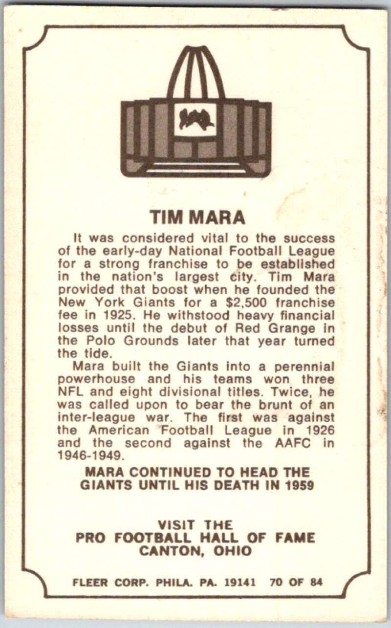 1975 Fleer The Immortal Roll Football #NNO Tim Mara V46002