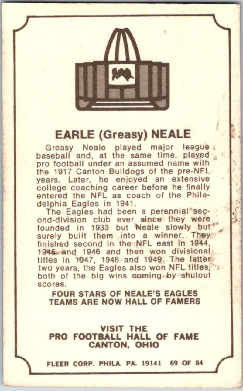 1975 Fleer The Immortal Roll Football #NNO Earl (Greasy) Neale V46003