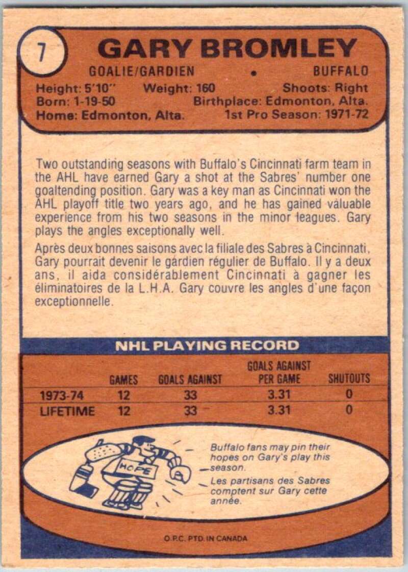 1974-75 O-Pee-Chee #7 Gary Bromley RC Rookie Buffalo Sabres V46128