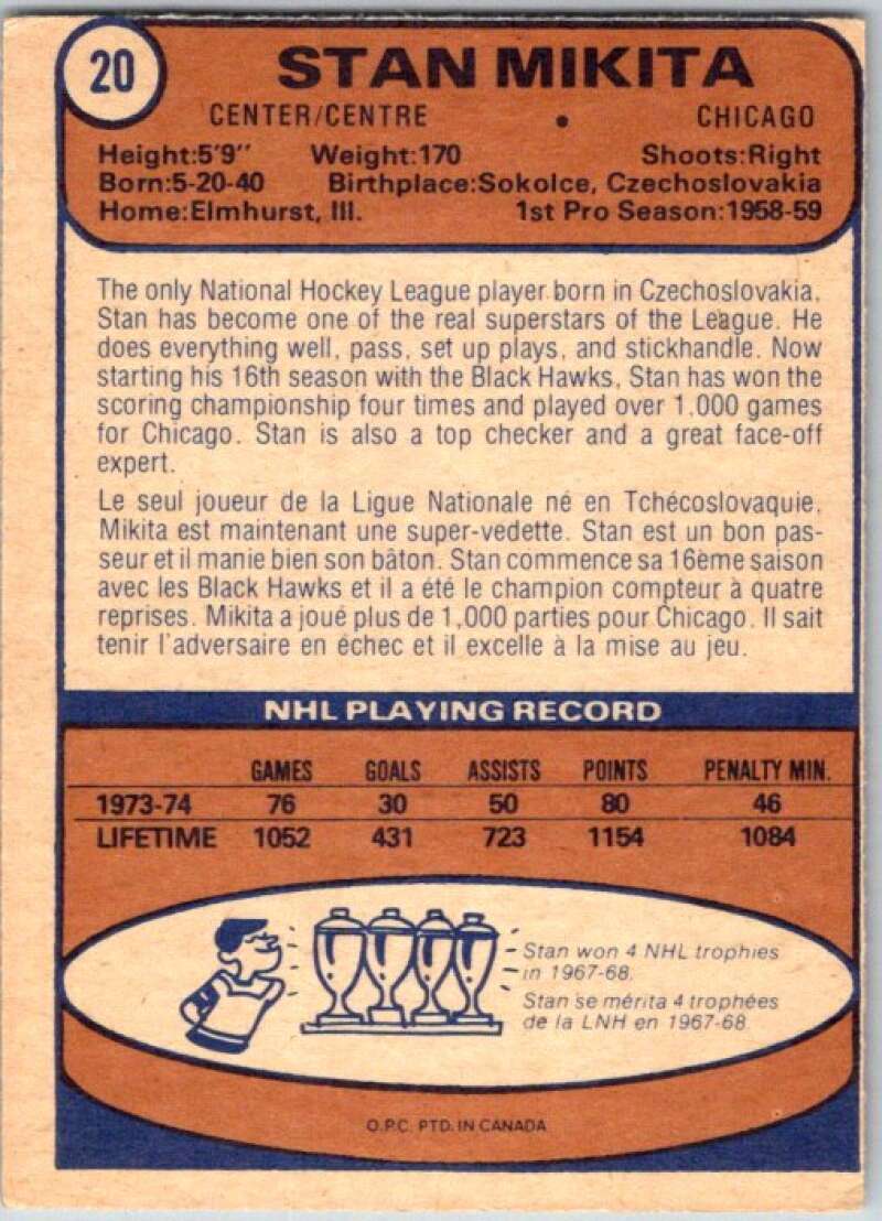 1974-75 O-Pee-Chee #20 Stan Mikita Chicago Blackhawks V46141