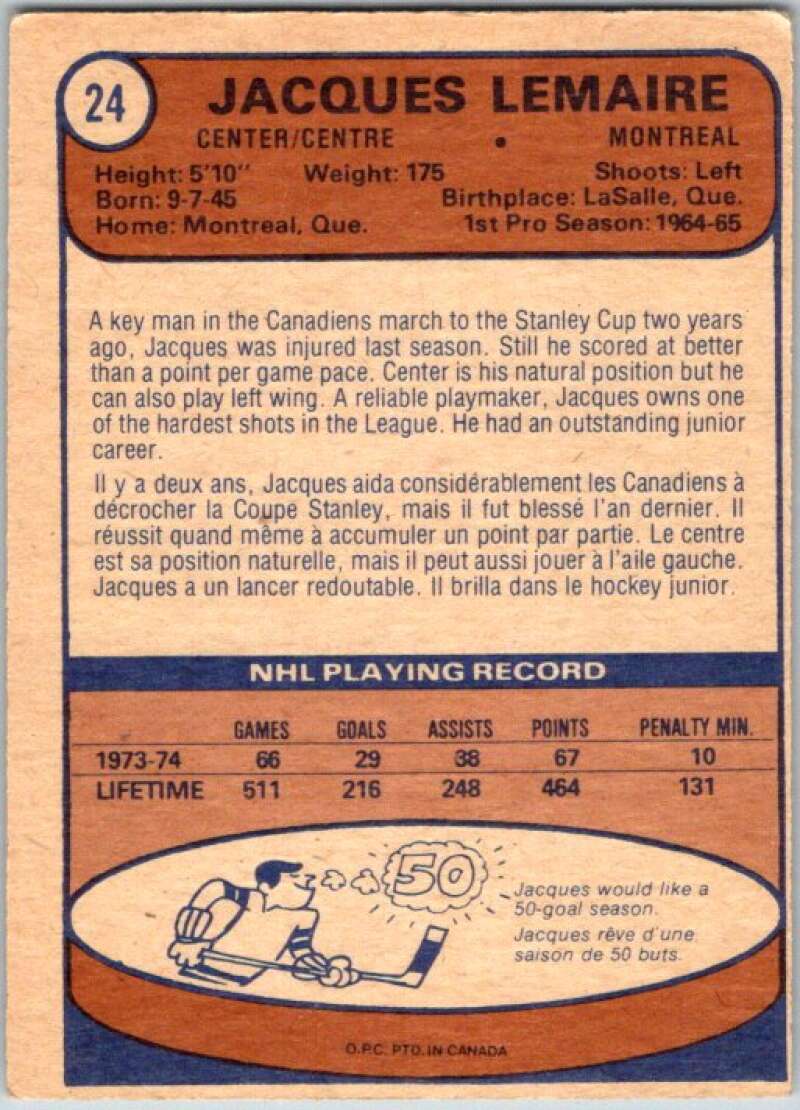 1974-75 O-Pee-Chee #24 Jacques Lemaire UER Montreal Canadiens V46145