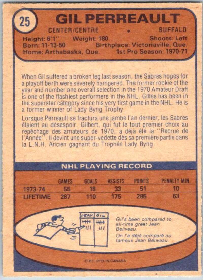 1974-75 O-Pee-Chee #25 Gilbert Perreault Buffalo Sabres V46146