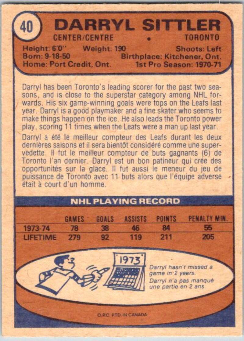 1974-75 O-Pee-Chee #40 Darryl Sittler Toronto Maple Leafs V46161