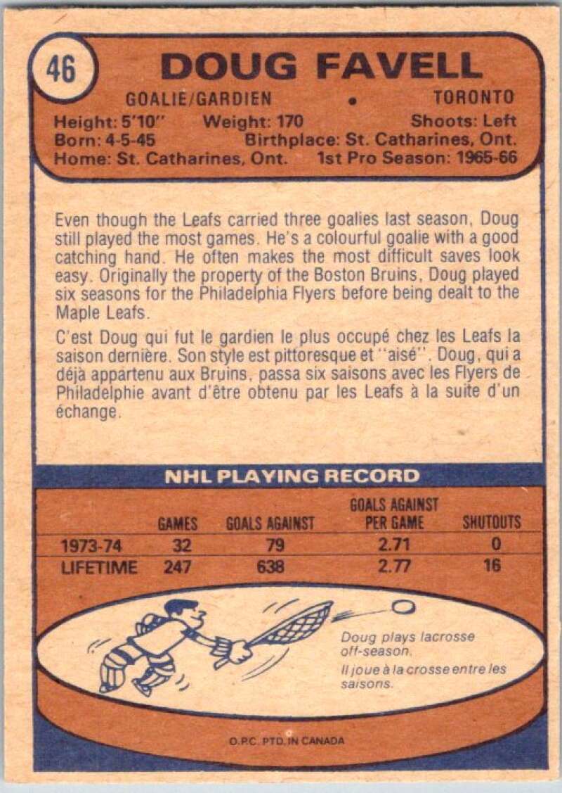 1974-75 O-Pee-Chee #46 Doug Favell Toronto Maple Leafs V46167