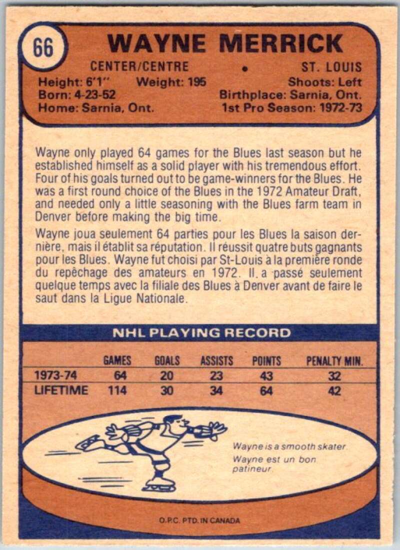 1974-75 O-Pee-Chee #66 Wayne Merrick RC Rookie St. Louis V46187