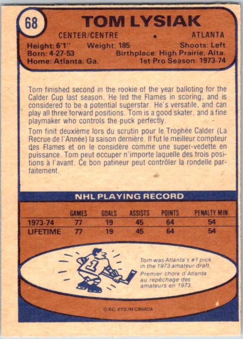1974-75 O-Pee-Chee #68 Tom Lysiak RC Rookie Atlanta Flames V46189