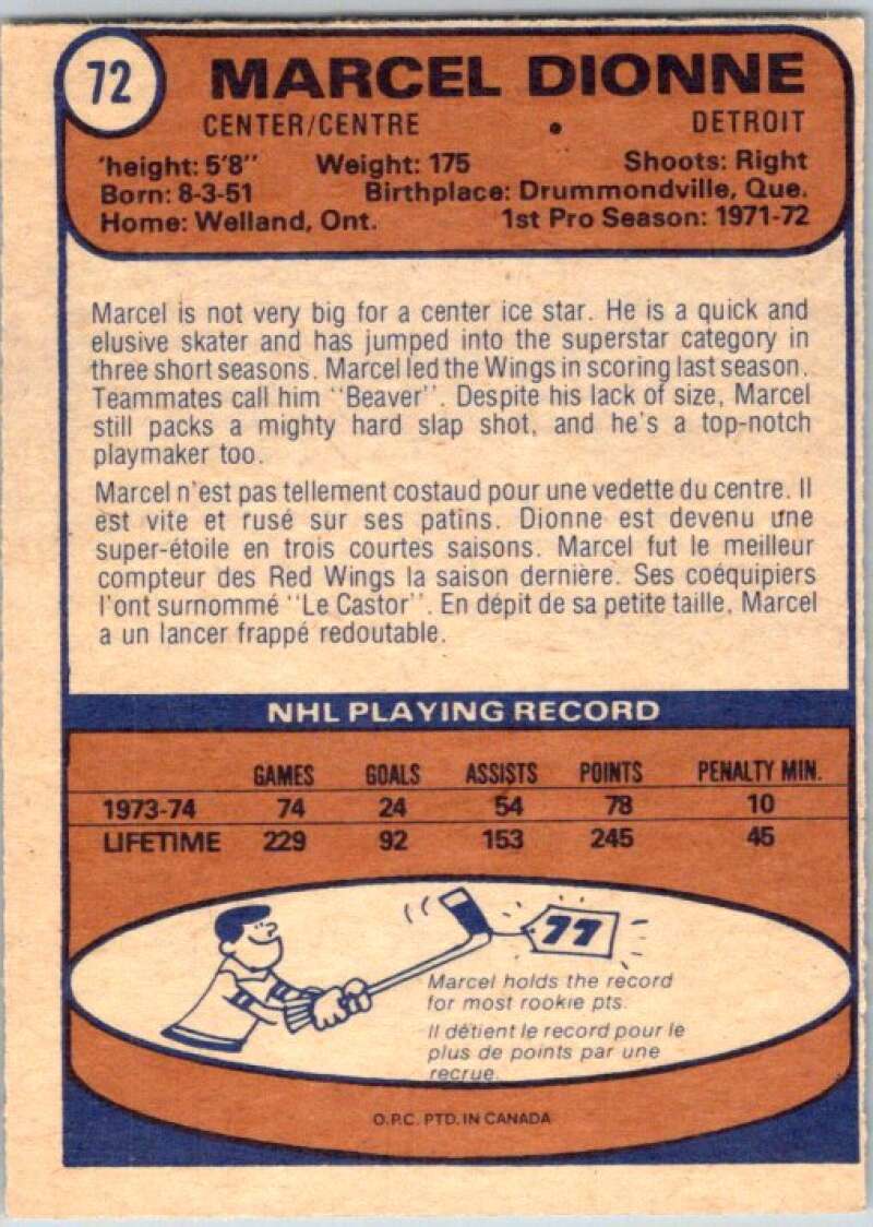 1974-75 O-Pee-Chee #72 Marcel Dionne Detroit Red Wings V46193