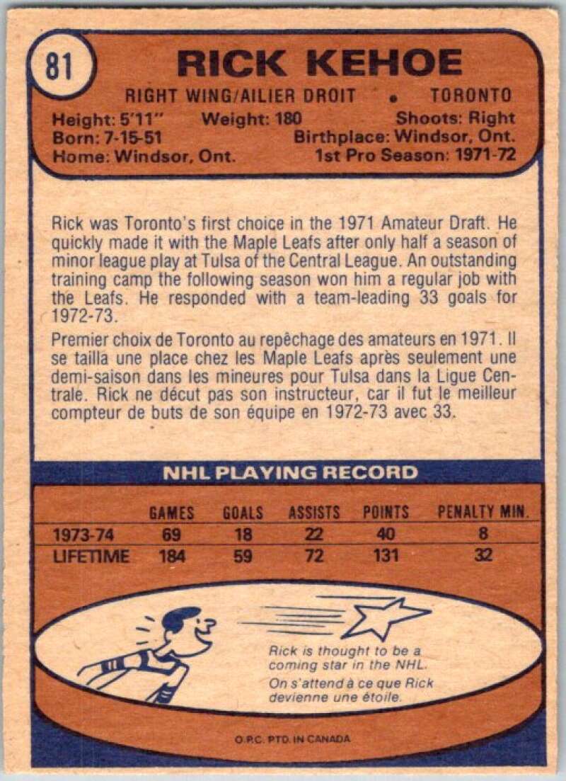 1974-75 O-Pee-Chee #81 Rick Kehoe Toronto Maple Leafs V46202
