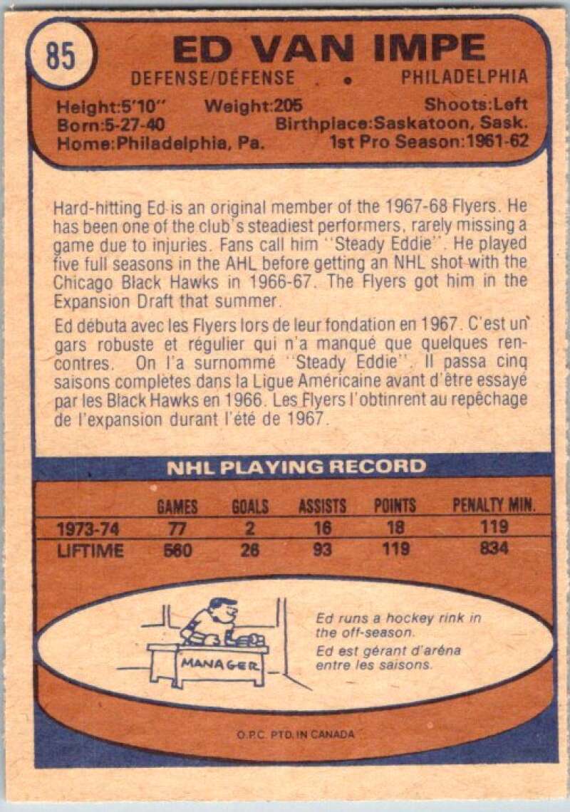 1974-75 O-Pee-Chee #85 Ed Van Impe Philadelphia Flyers V46206