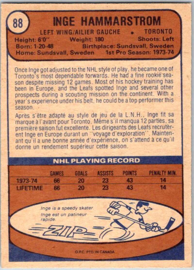 1974-75 O-Pee-Chee #88 Inge Hammarstrom RC Rookie Toronto V46209