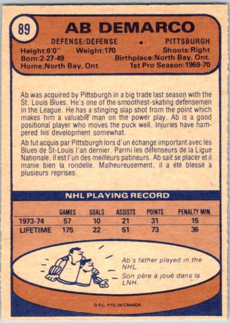1974-75 O-Pee-Chee #89 Ab DeMarco Pittsburgh Penguins V46210