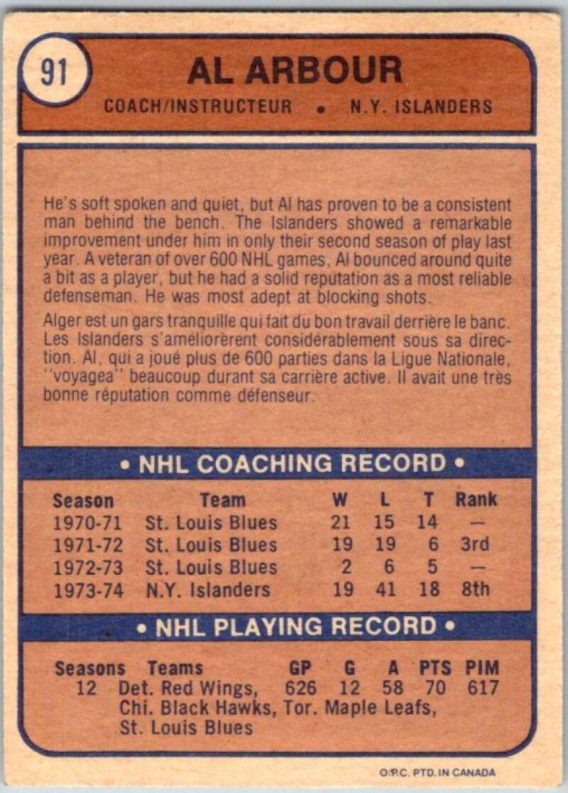 1974-75 O-Pee-Chee #91 Al Arbour CO New York Islanders V46212