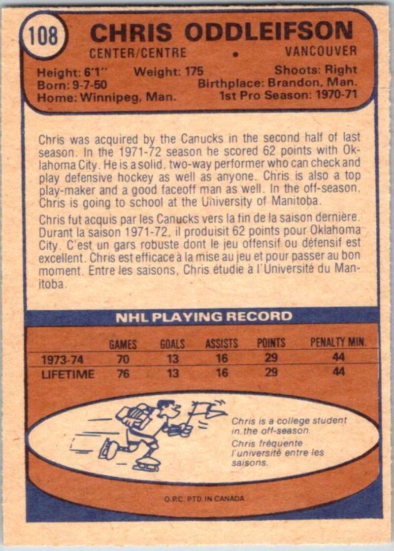 1974-75 O-Pee-Chee #108 Chris Oddleifson RC Rookie Vancouver V46228