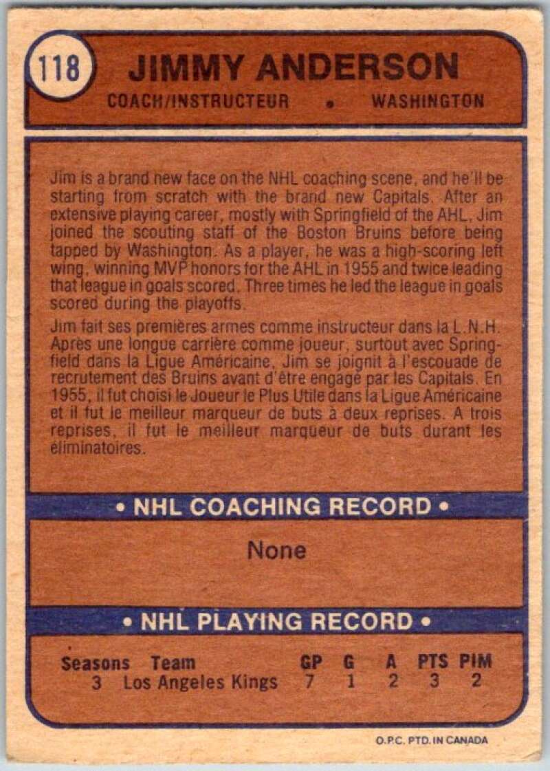 1974-75 O-Pee-Chee #118 Jim Anderson CO RC Rookie Washington V46238