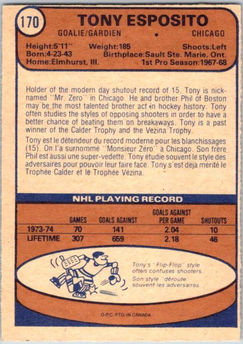 1974-75 O-Pee-Chee #170 Tony Esposito Chicago Blackhawks V46285