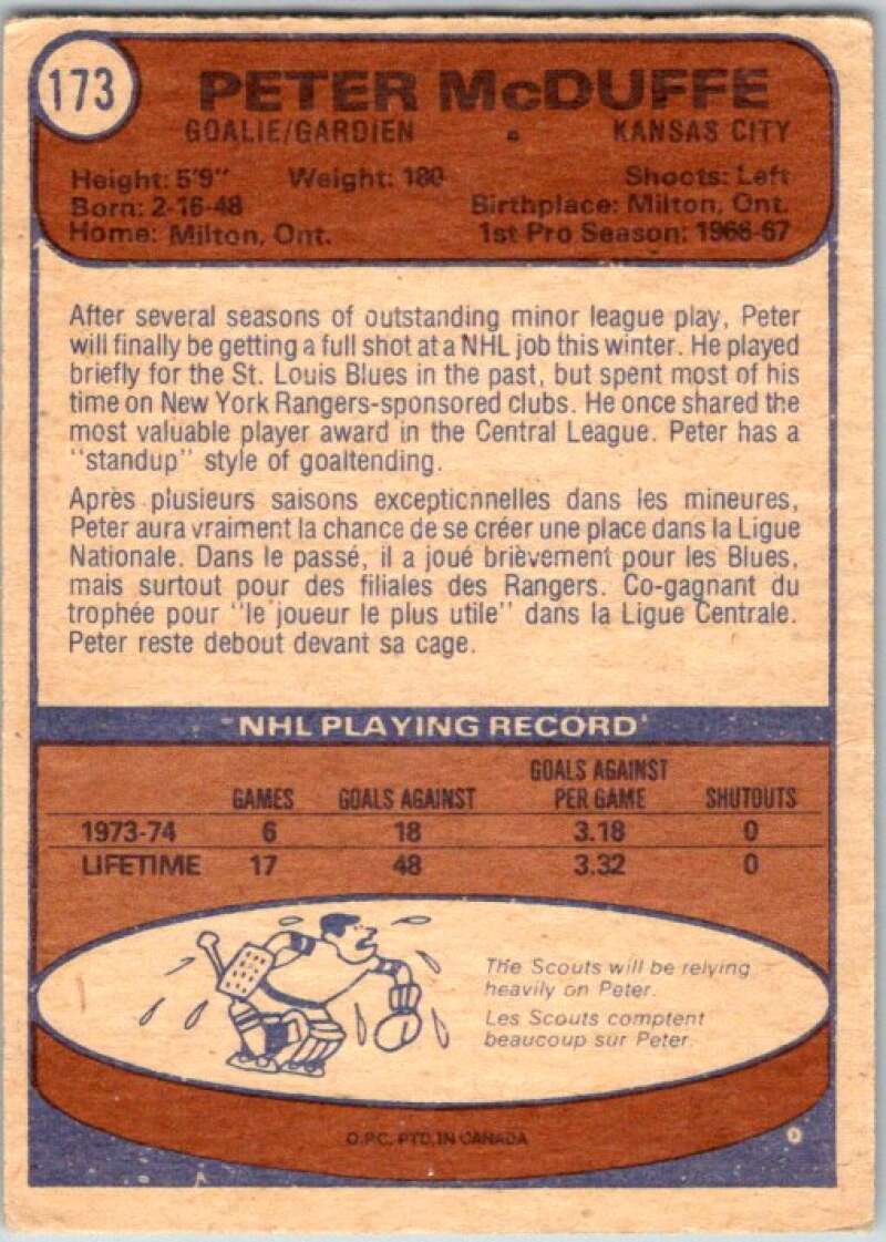 1974-75 O-Pee-Chee #173 Peter McDuffe Kansas City Scouts V46288