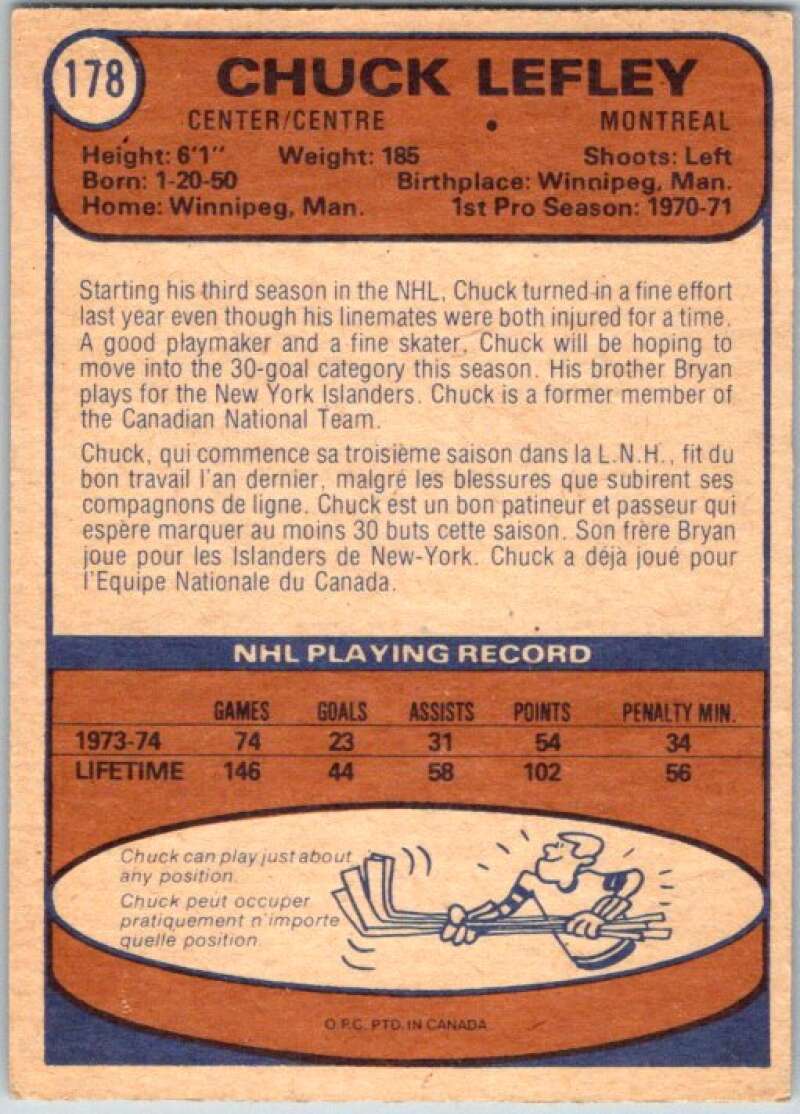 1974-75 O-Pee-Chee #178 Chuck Lefley UER Montreal Canadiens V46293