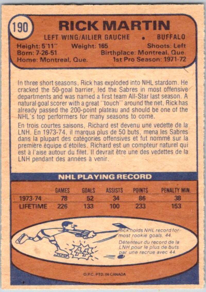 1974-75 O-Pee-Chee #190 Rick Martin Buffalo Sabres V46304