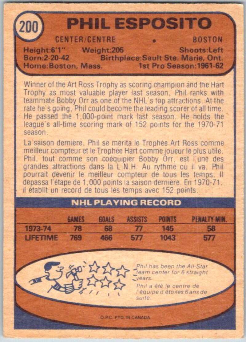 1974-75 O-Pee-Chee #200 Phil Esposito Boston Bruins V46313