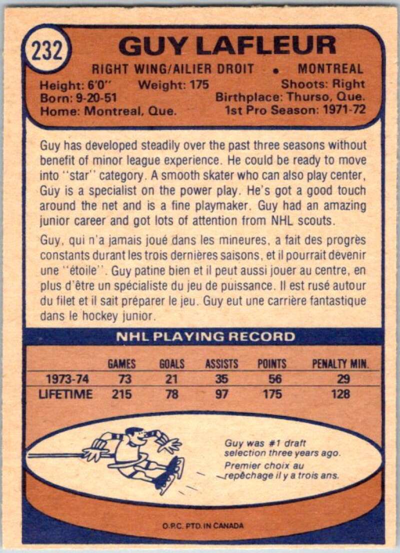 1974-75 O-Pee-Chee #232 Guy Lafleur Montreal Canadiens V46345