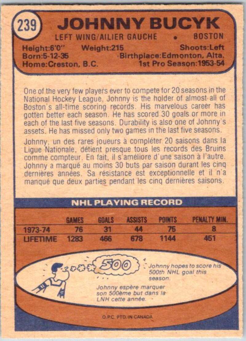 1974-75 O-Pee-Chee #239 Johnny Bucyk Boston Bruins V46352