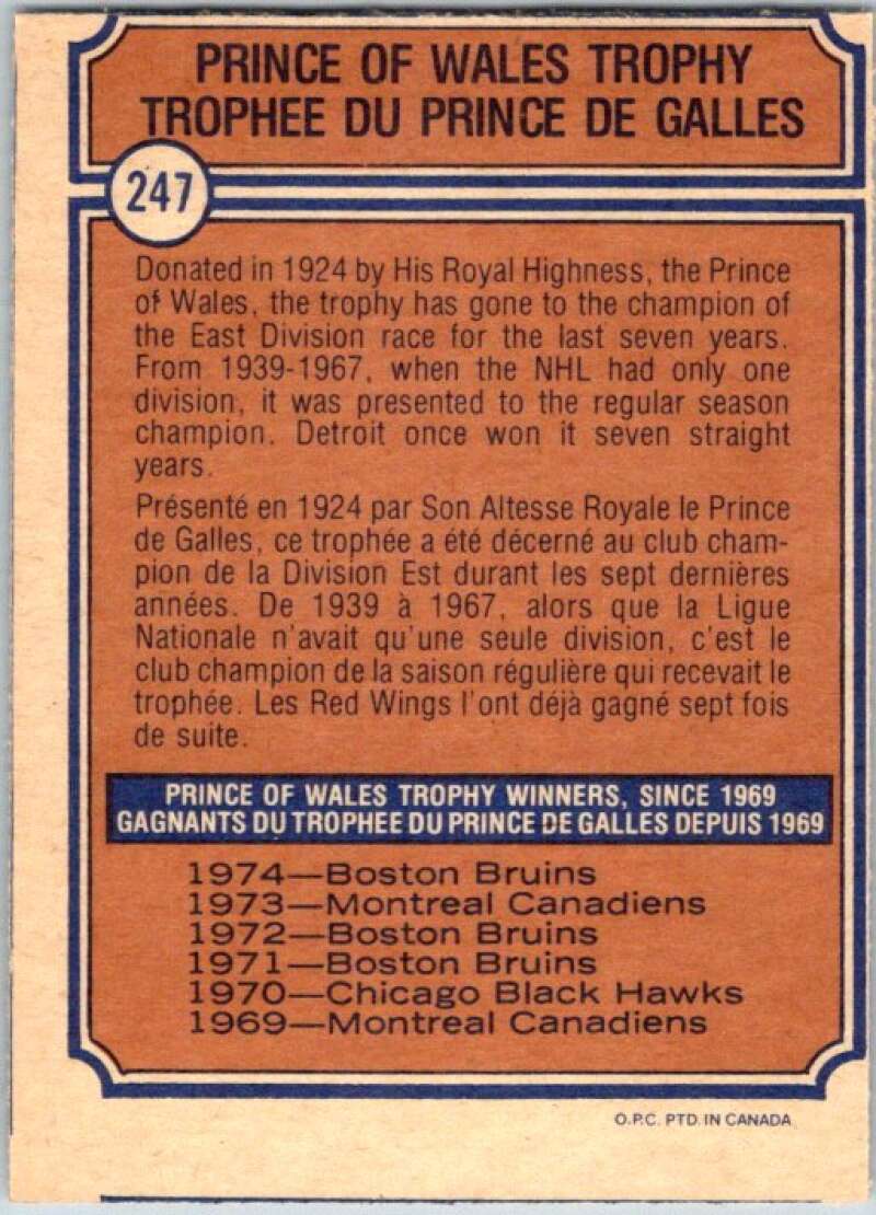 1974-75 O-Pee-Chee #247 Boston Bruins Prince of Wales Trophy V46360