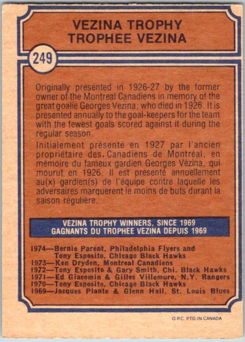 1974-75 O-Pee-Chee #249 Bernie Parent Philadelphia Flyers V46362