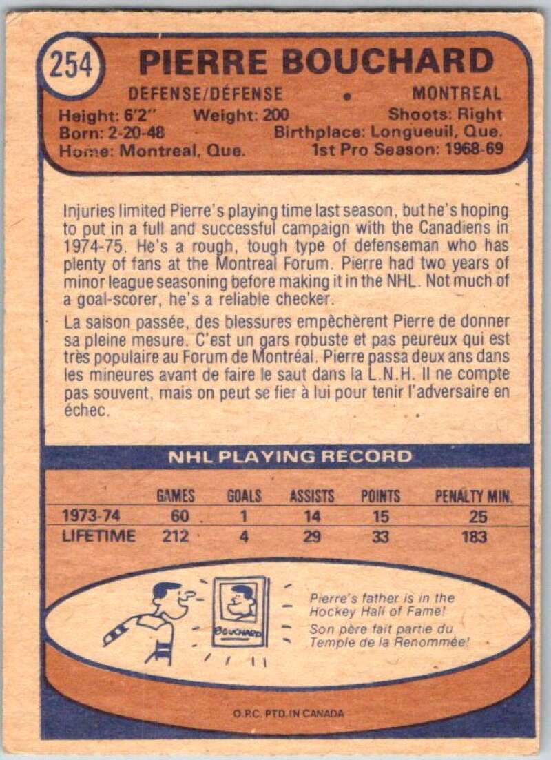 1974-75 O-Pee-Chee #254 Pierre Bouchard Montreal Canadiens V46367