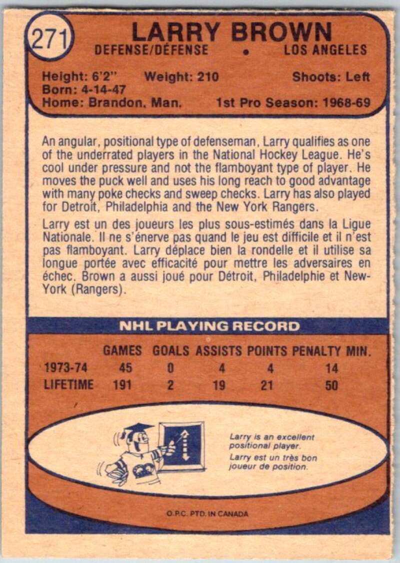 1974-75 O-Pee-Chee #271 Larry Brown RC Rookie Los Angeles Kings V46383