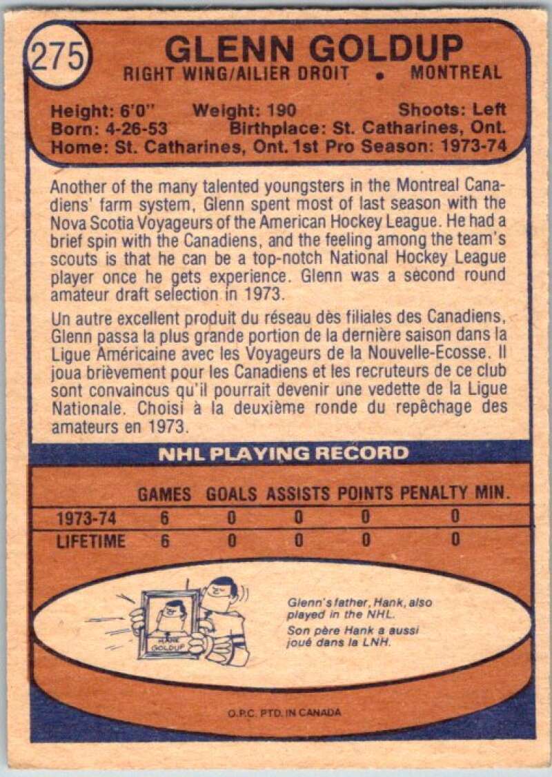 1974-75 O-Pee-Chee #275 Glenn Goldup RC Rookie Montreal Canadiens V46387