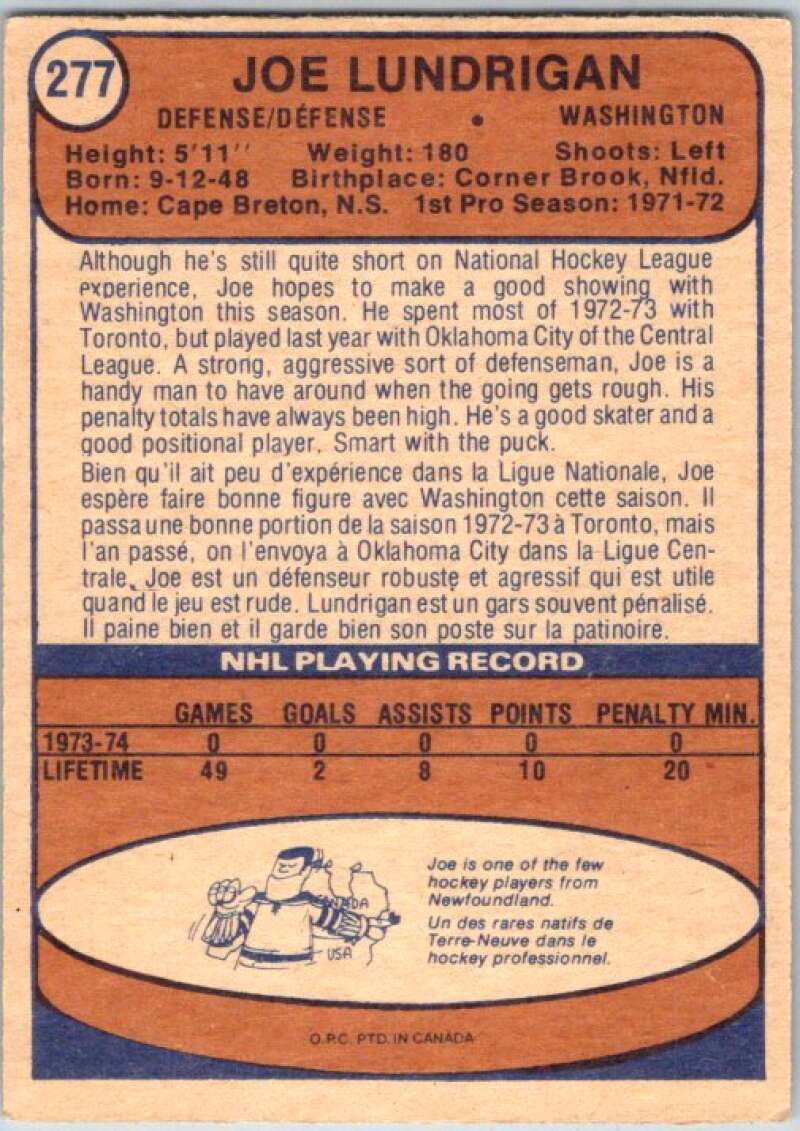 1974-75 O-Pee-Chee #277 Joe Lundrigan RC Rookie Washington Capitals V46389